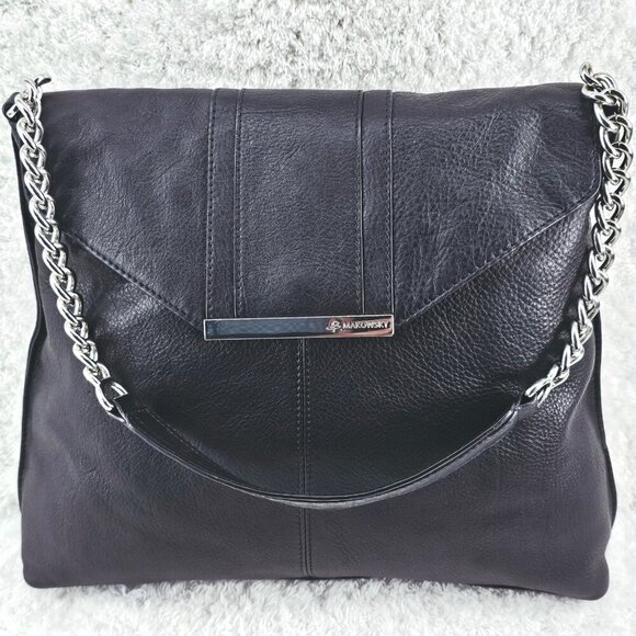 B MAKOWSKY Black Texture Leather Shoulder Bag Silver Chain and Leather Strap - Picture 3 of 15
